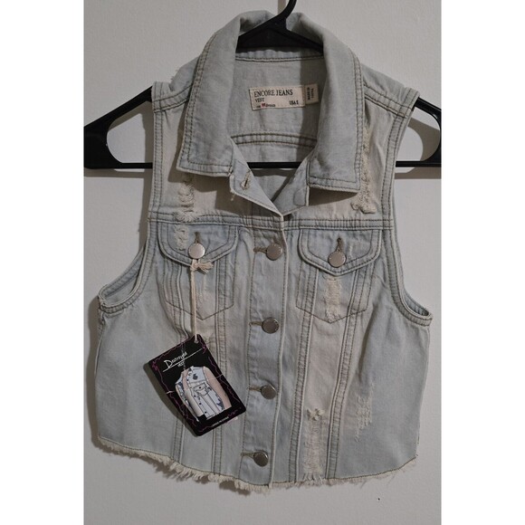 Denim Trucker Style Vest Womens Small Distressed Button Front Sleeveless Y2K New - Picture 6 of 16